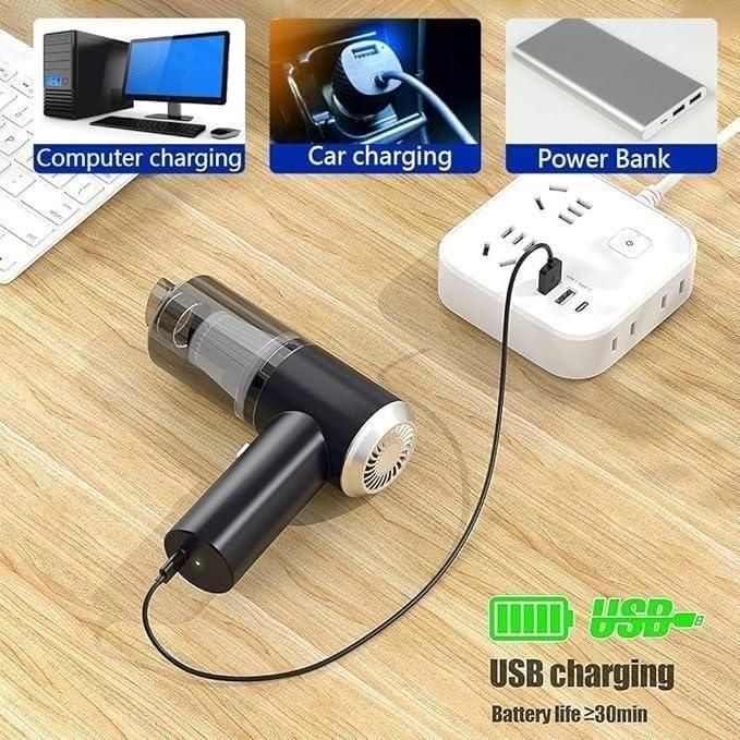 USB charging device on a wooden surface with computer, car, and power bank illustrations.