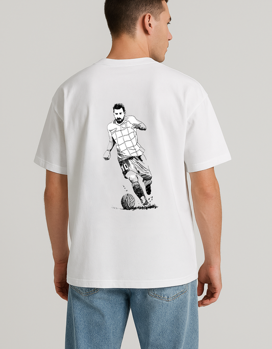 Person wearing a white t-shirt with a black and white graphic of a soccer player on the back.